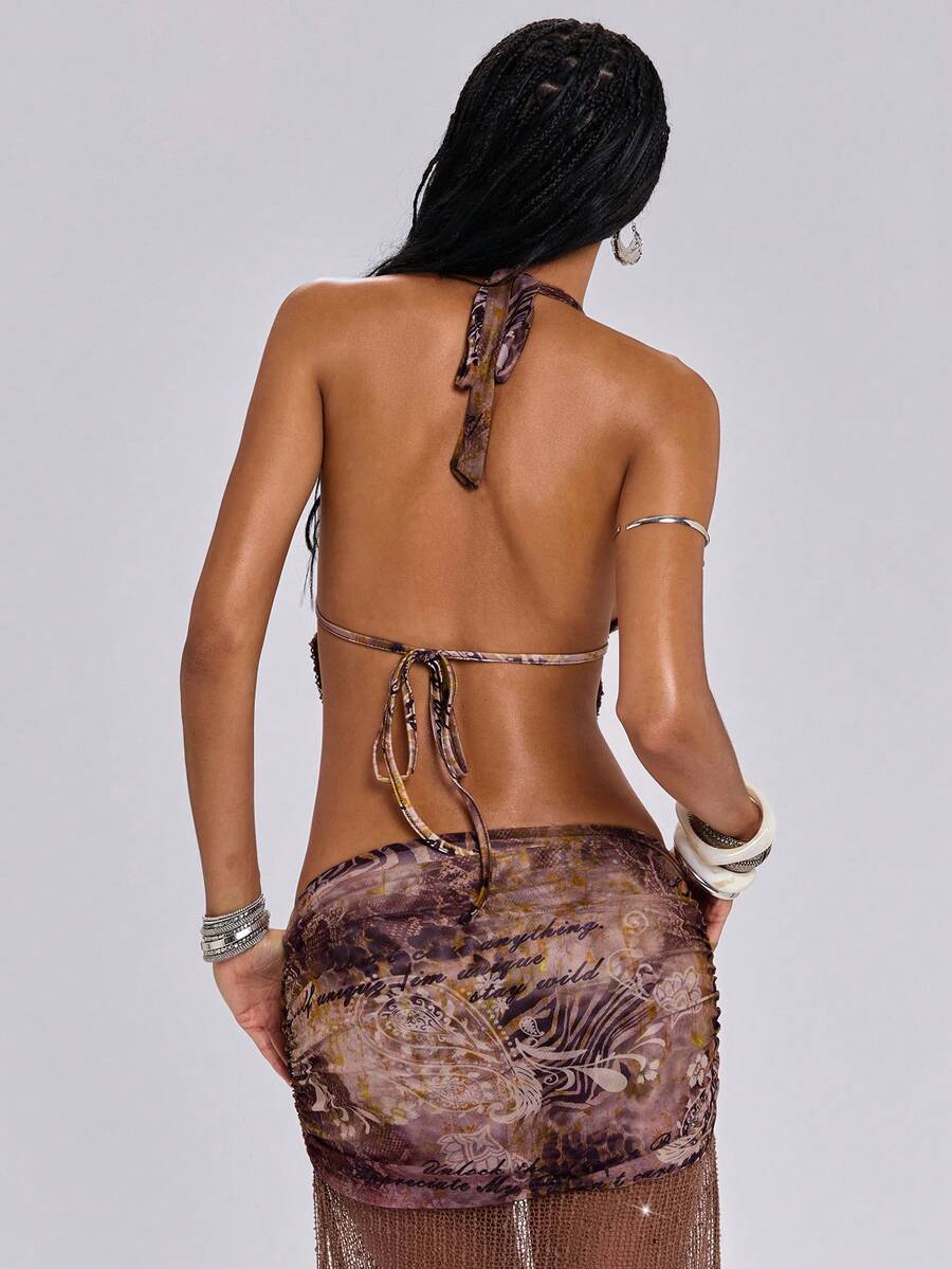 Multicolor knitted halter crop top featuring floral and zebra stripe pattern with draped neck, 3D rose detail, asymmetrical hem, and matching separate arm sleeves.