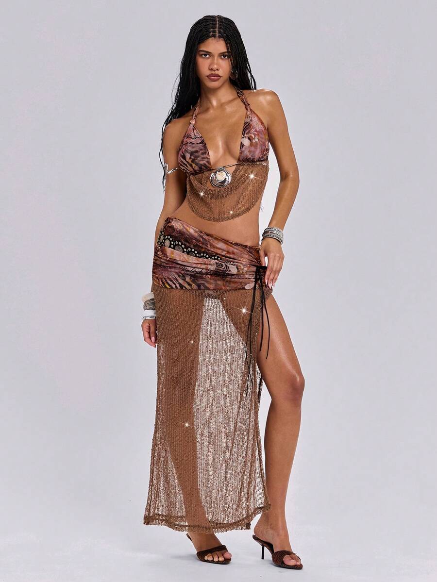 Multicolor knitted halter crop top featuring floral and zebra stripe pattern with draped neck, 3D rose detail, asymmetrical hem, and matching separate arm sleeves.