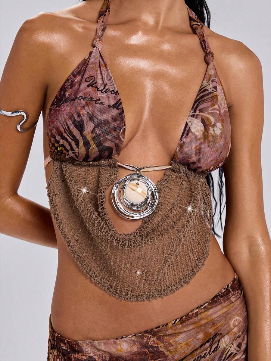 Multicolor knitted halter crop top featuring floral and zebra stripe pattern with draped neck, 3D rose detail, asymmetrical hem, and matching separate arm sleeves.