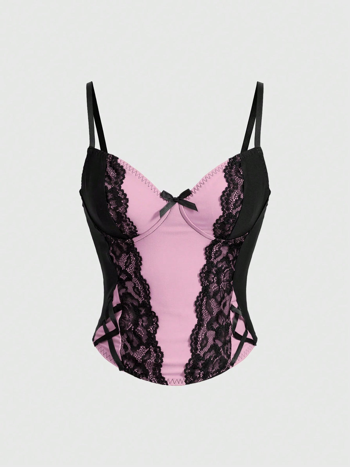 ROMWE women's black Goth Y2K contrast lace spaghetti strap cami crop top featuring bow details and waist tie decor.