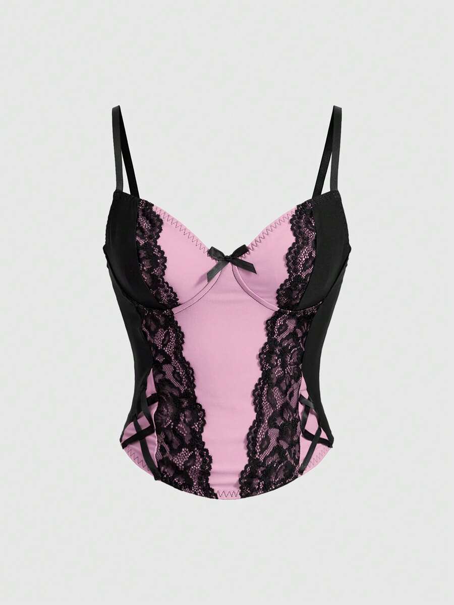 ROMWE women's black Goth Y2K contrast lace spaghetti strap cami crop top featuring bow details and waist tie decor.