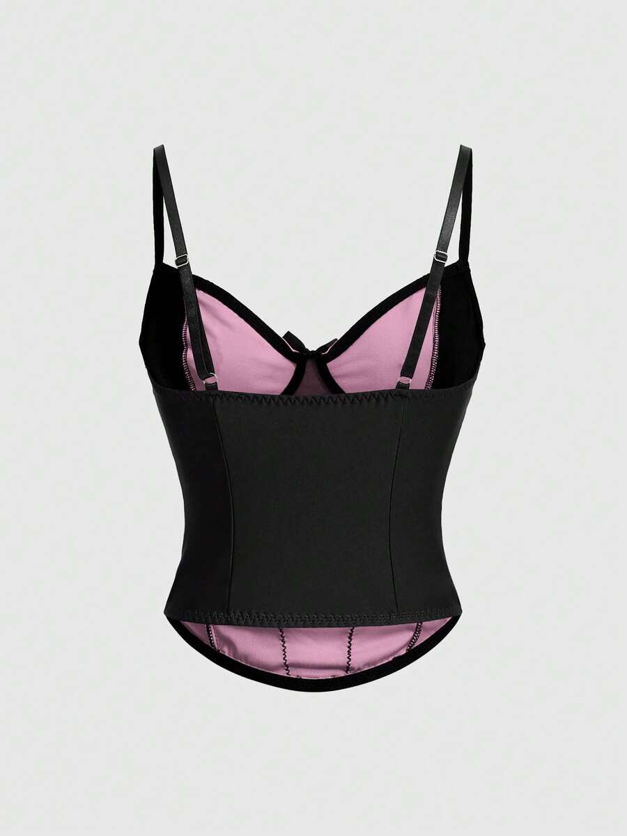 ROMWE women's black Goth Y2K contrast lace spaghetti strap cami crop top featuring bow details and waist tie decor.