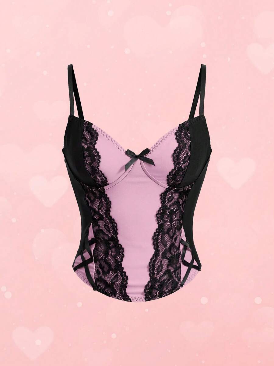 ROMWE women's black Goth Y2K contrast lace spaghetti strap cami crop top featuring bow details and waist tie decor.