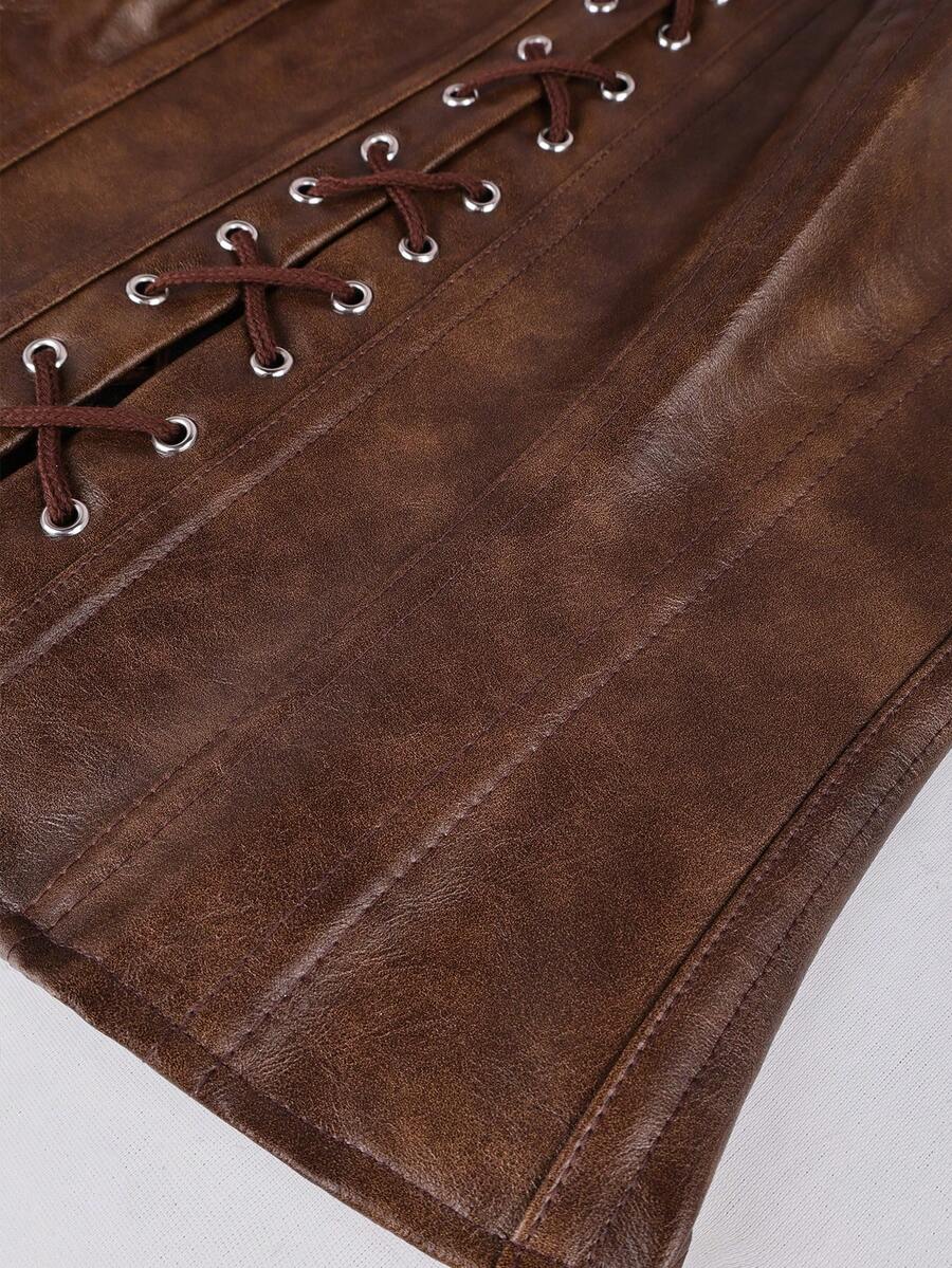 Brown punk style slim fit backless crop top featuring a metal ring waist strap and tie back design for women.