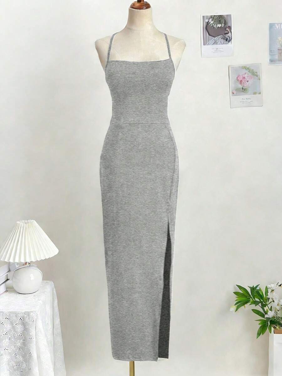 Women's backless sleeveless midi party dress with spaghetti straps and a high slit