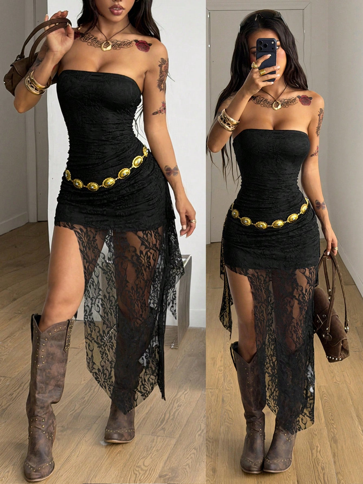 Black strapless lace asymmetrical long dress for women featuring ruched detailing, a split thigh, and a slim fit bodycon silhouette.