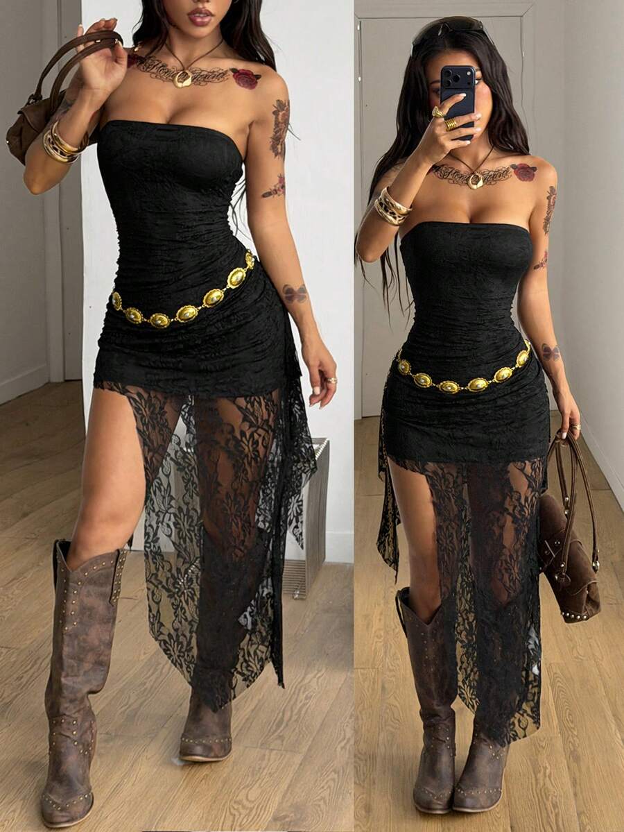 Black strapless lace asymmetrical long dress for women featuring ruched detailing, a split thigh, and a slim fit bodycon silhouette.