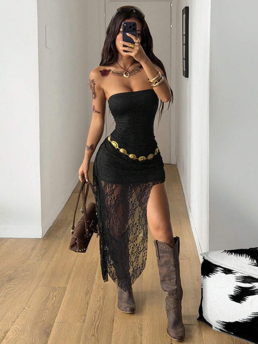 Black strapless lace asymmetrical long dress for women featuring ruched detailing, a split thigh, and a slim fit bodycon silhouette.