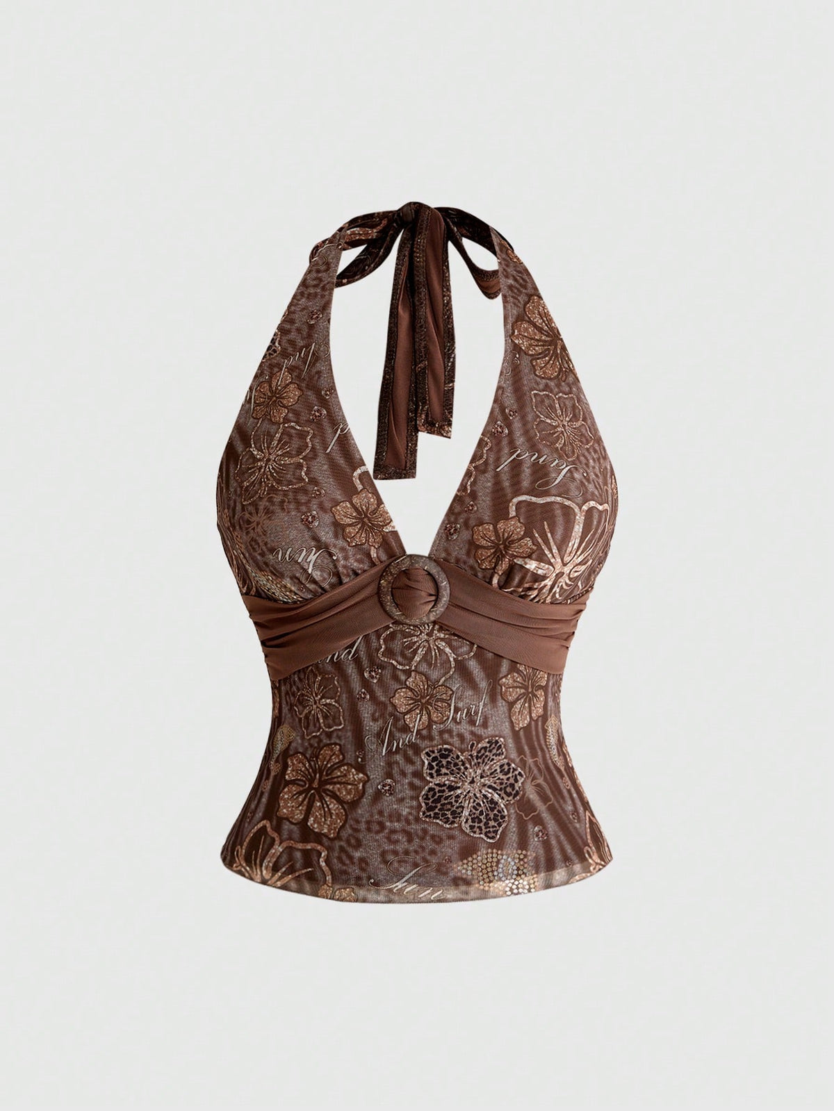 Women's pink tropical hibiscus print halter top featuring contrast lace trim and a slim fit silhouette.