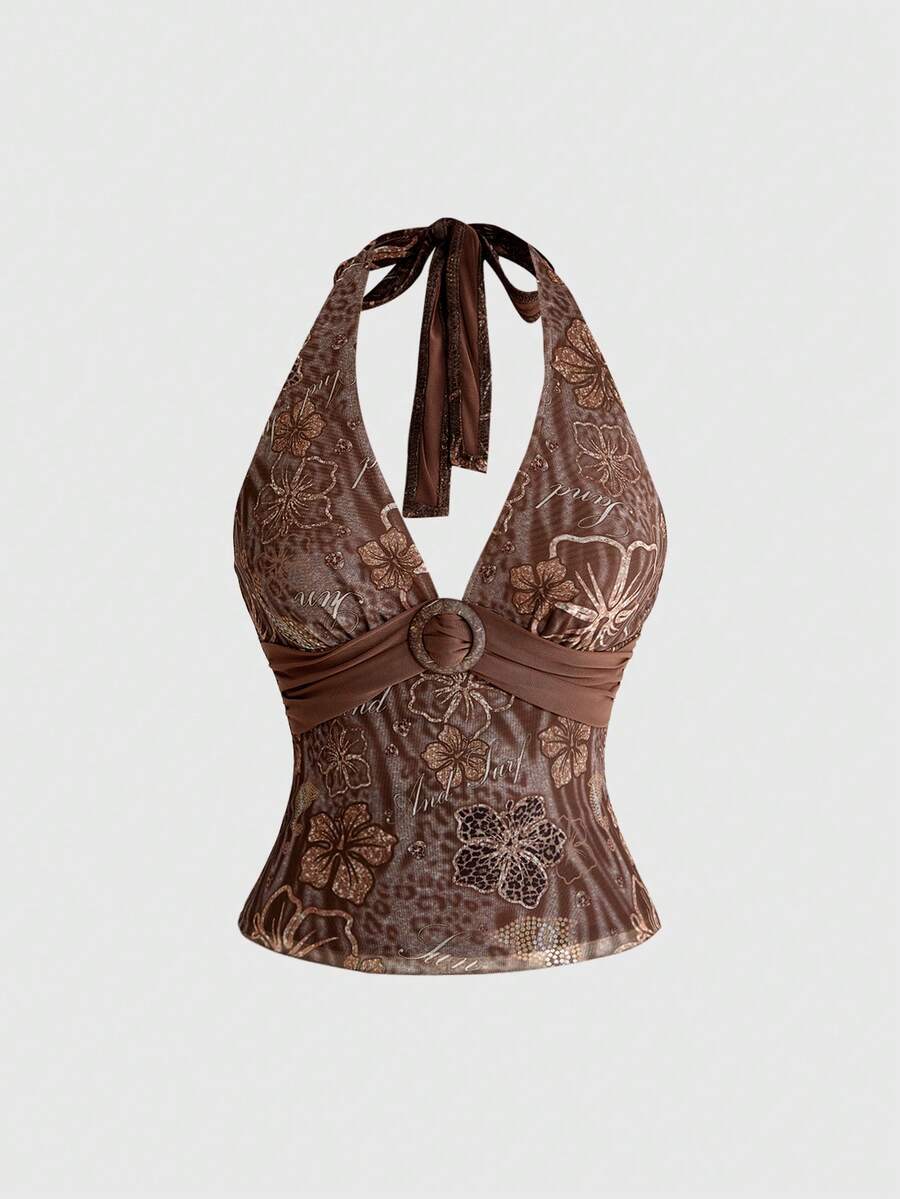 Women's pink tropical hibiscus print halter top featuring contrast lace trim and a slim fit silhouette.