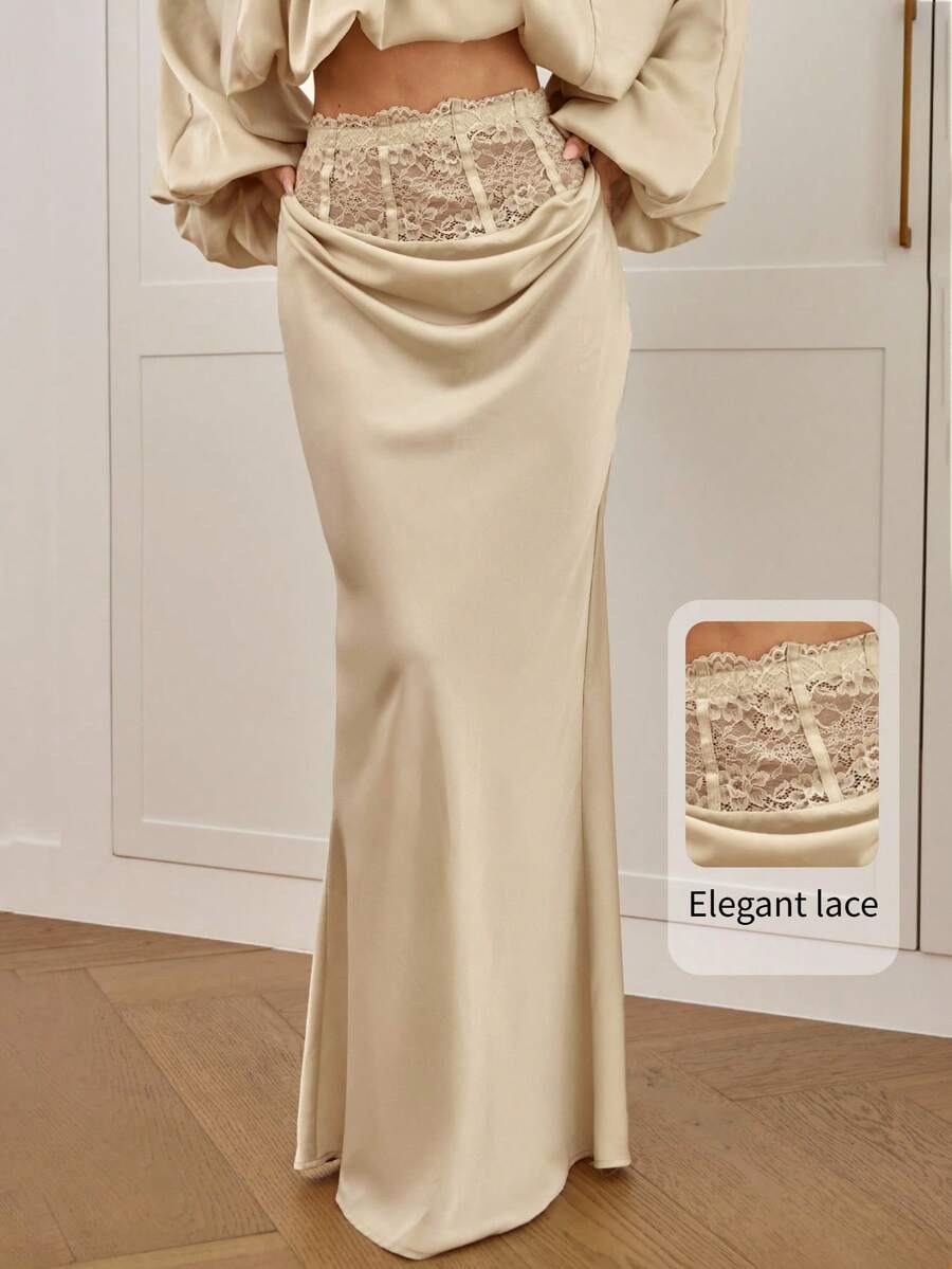 Women's high waist satin mermaid maxi skirt featuring contrast lace patchwork embroidery detail and side slit for formal and evening wear.