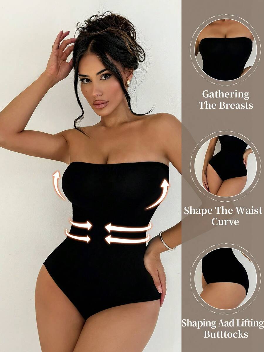 Black seamless shapewear bandeau bodysuit featuring strong waist support in knitted stretch fabric.