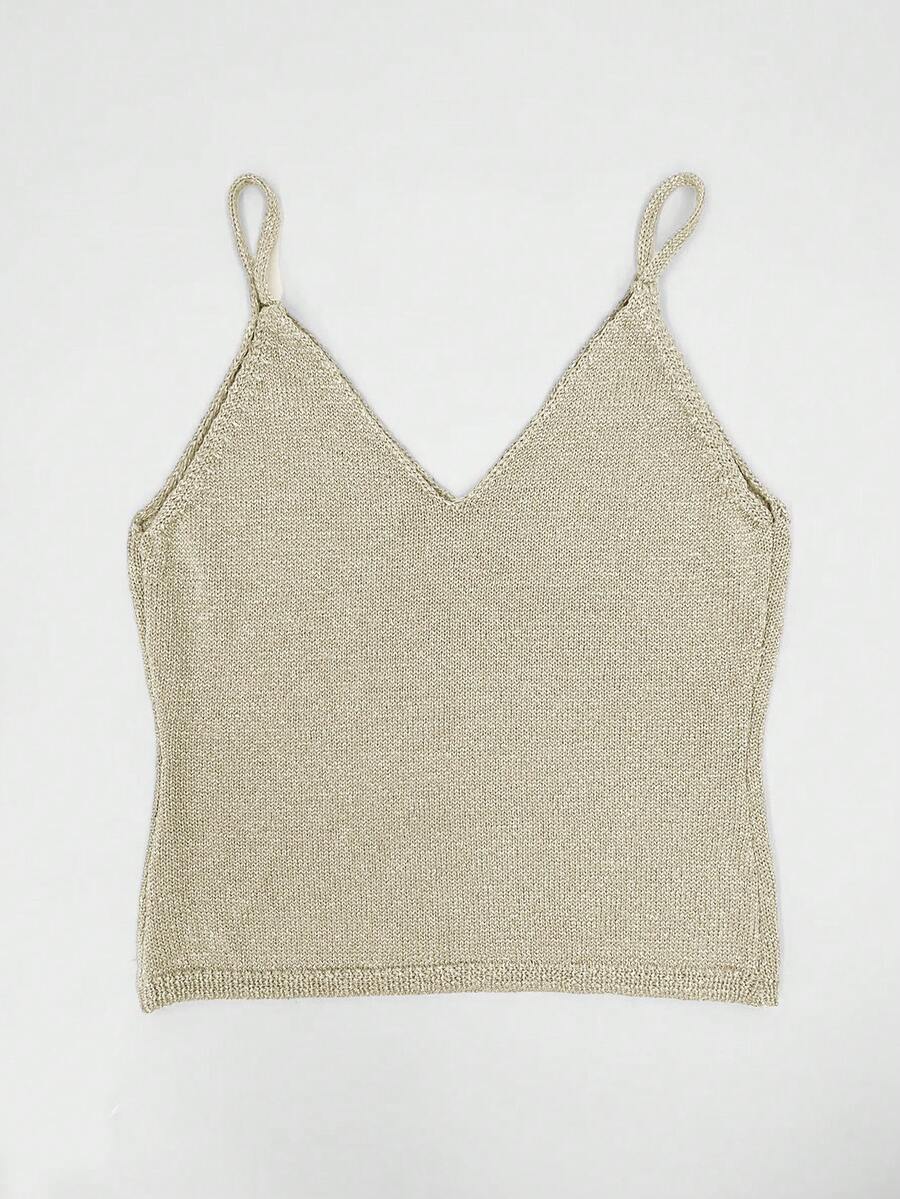 Grey rib-knit camisole top featuring a V-neckline and thin spaghetti straps for women.