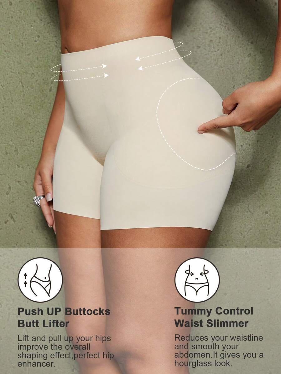 Women's black seamless waist trainer shorts featuring tummy control and butt lifting pads