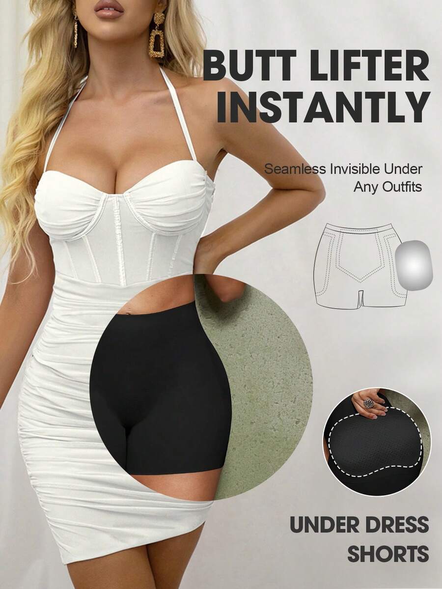 Women's black seamless waist trainer shorts featuring tummy control and butt lifting pads