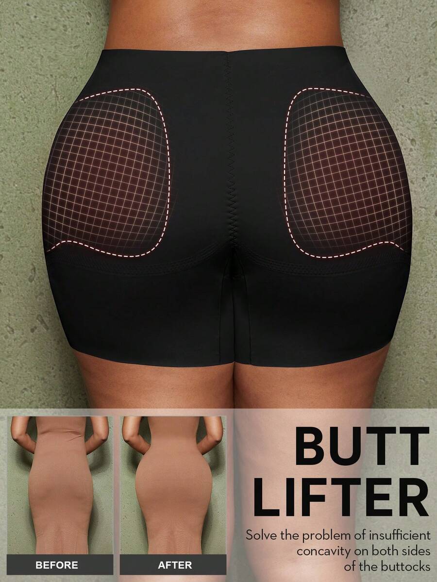 Women's black seamless waist trainer shorts featuring tummy control and butt lifting pads
