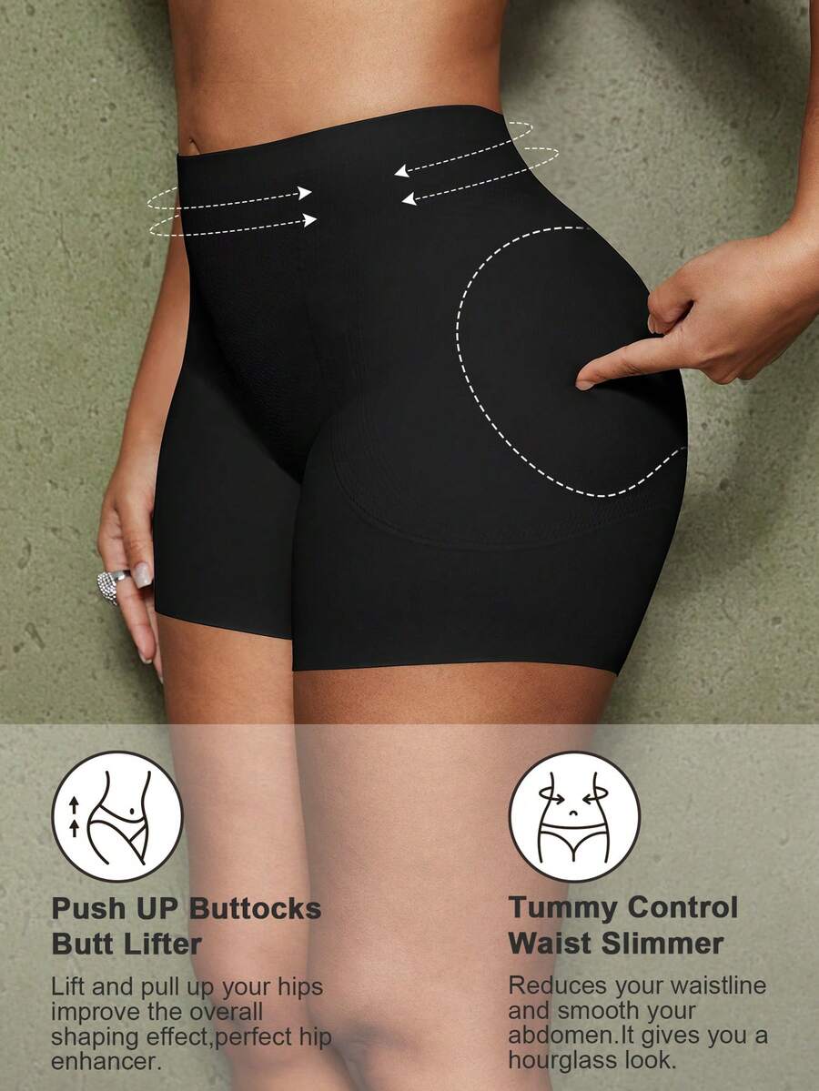 Women's black seamless waist trainer shorts featuring tummy control and butt lifting pads