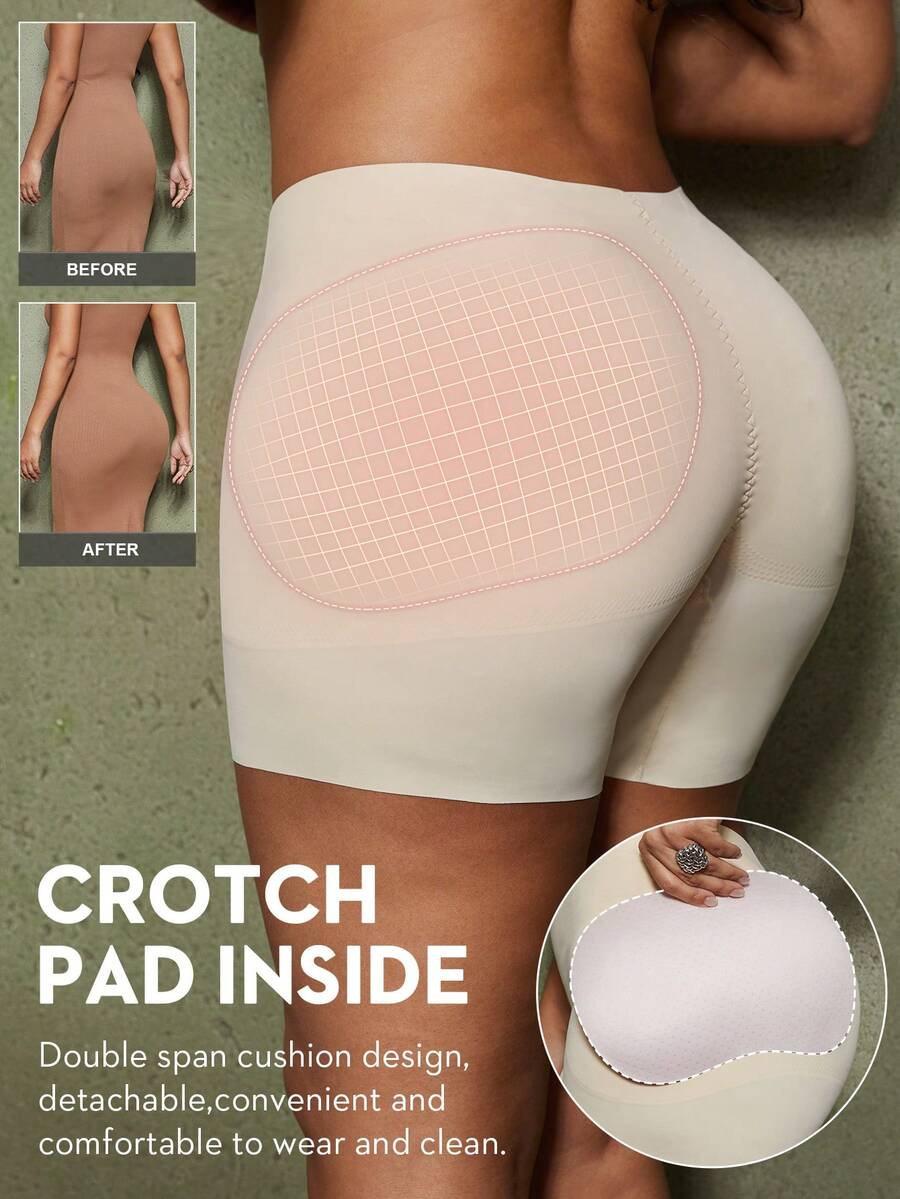 Women's black seamless waist trainer shorts featuring tummy control and butt lifting pads