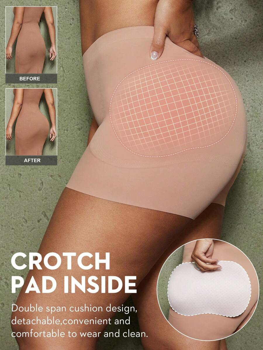 Women's black seamless waist trainer shorts featuring tummy control and butt lifting pads