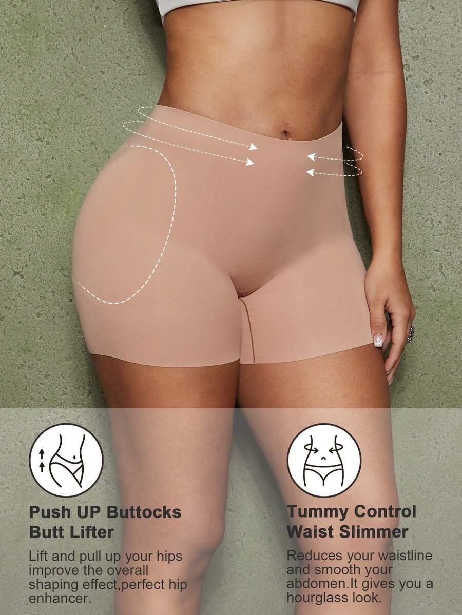 Women's black seamless waist trainer shorts featuring tummy control and butt lifting pads