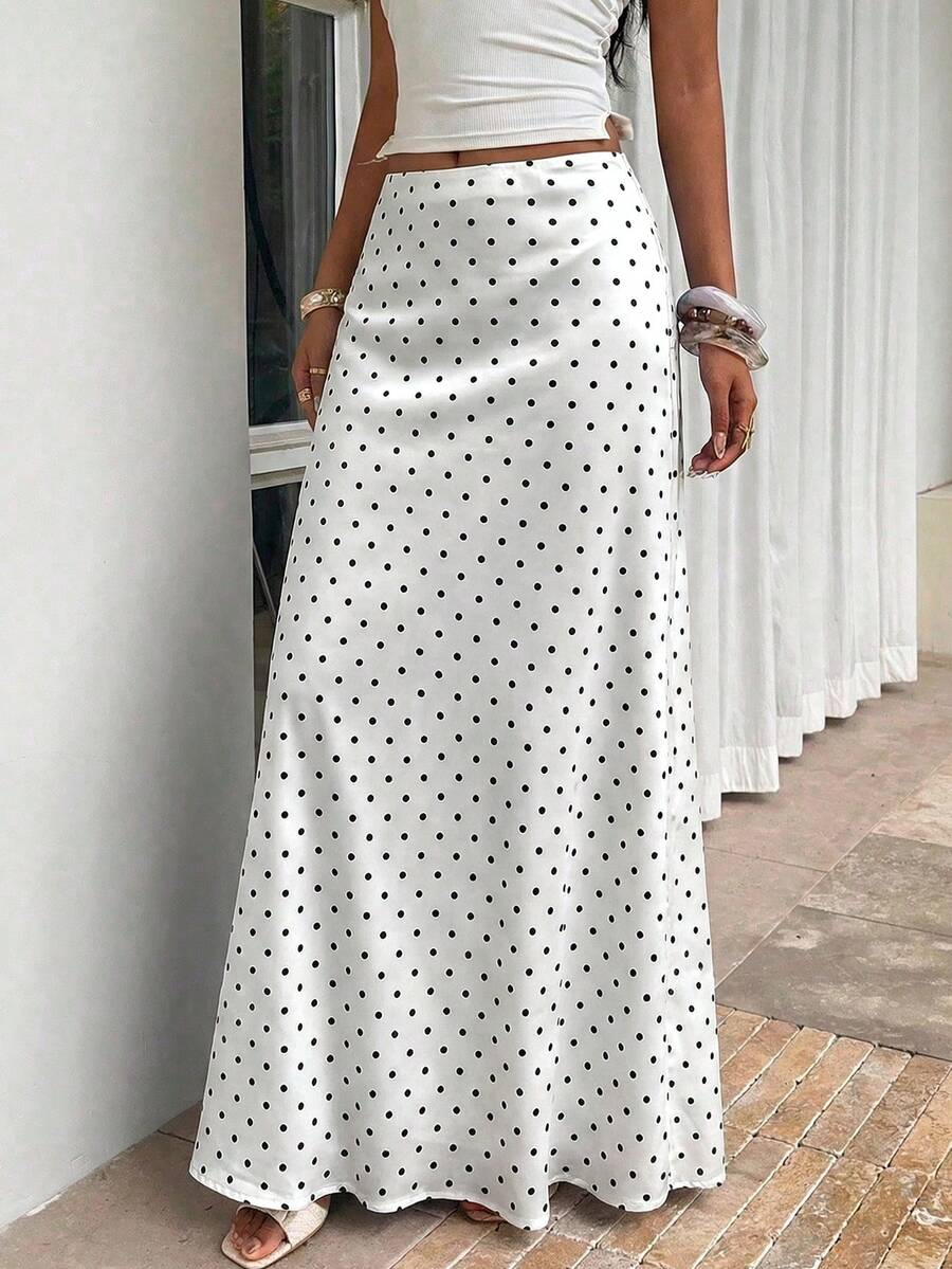Women's white satin long dress featuring a high waist and elegant fishtail hem