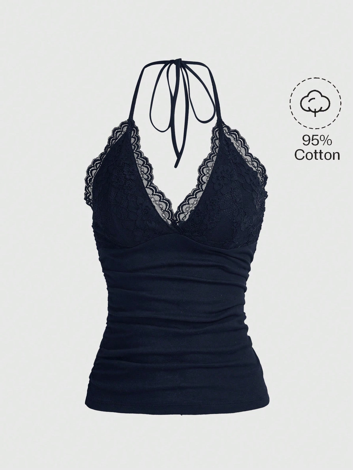 A women's black backless halter top featuring contrast lace trim, ruched front detail, and slim fit soft knitted fabric.
