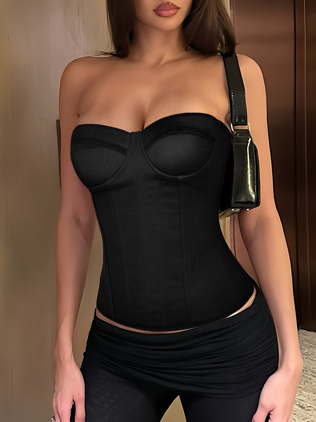 Red strapless corset top with boning and lace-up back, slim fit cropped tube top for women.