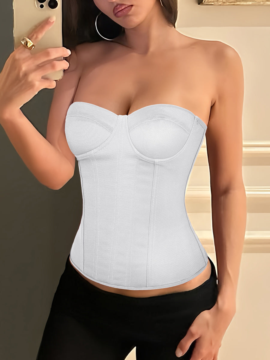 Black strapless corset top with boning, lace-up back, and a cropped slim-fit silhouette for women.