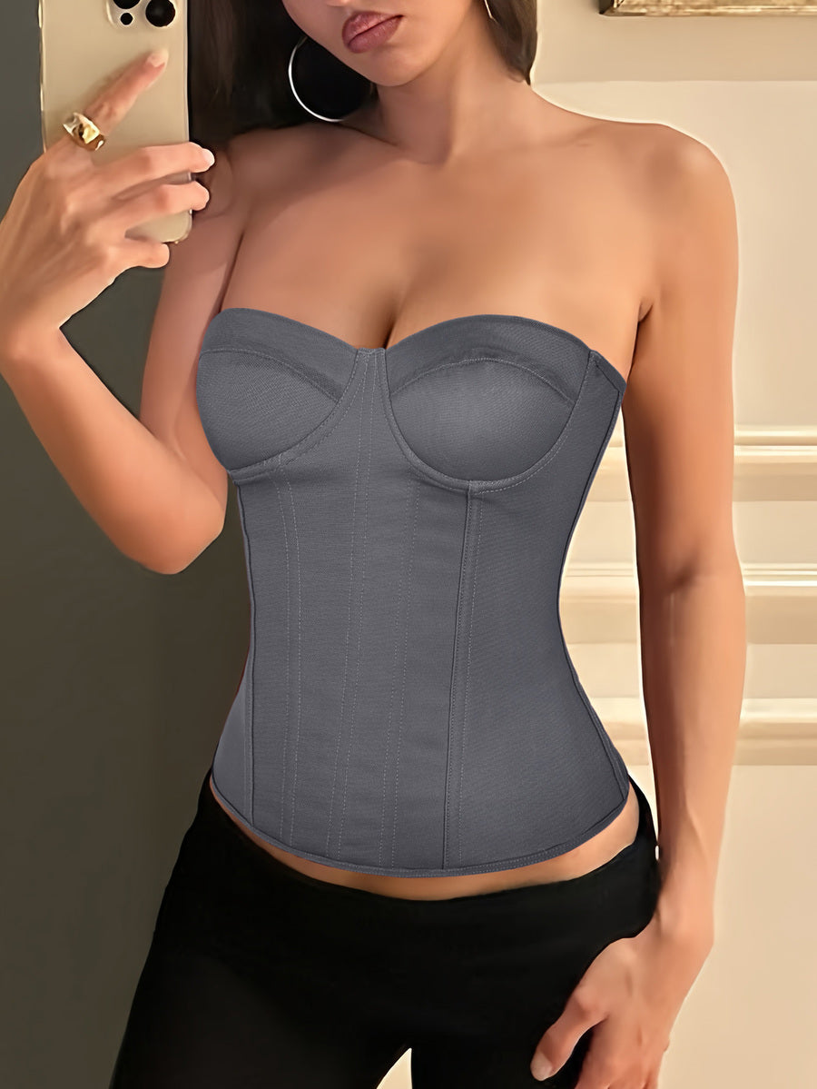 Red strapless corset top with boning and lace-up back, slim fit cropped tube top for women.