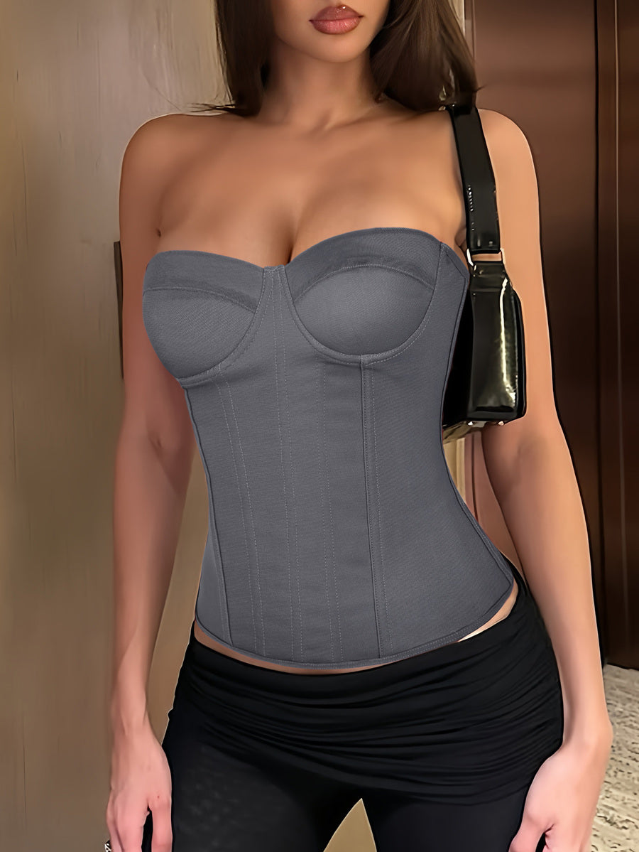 Red strapless corset top with boning and lace-up back, slim fit cropped tube top for women.