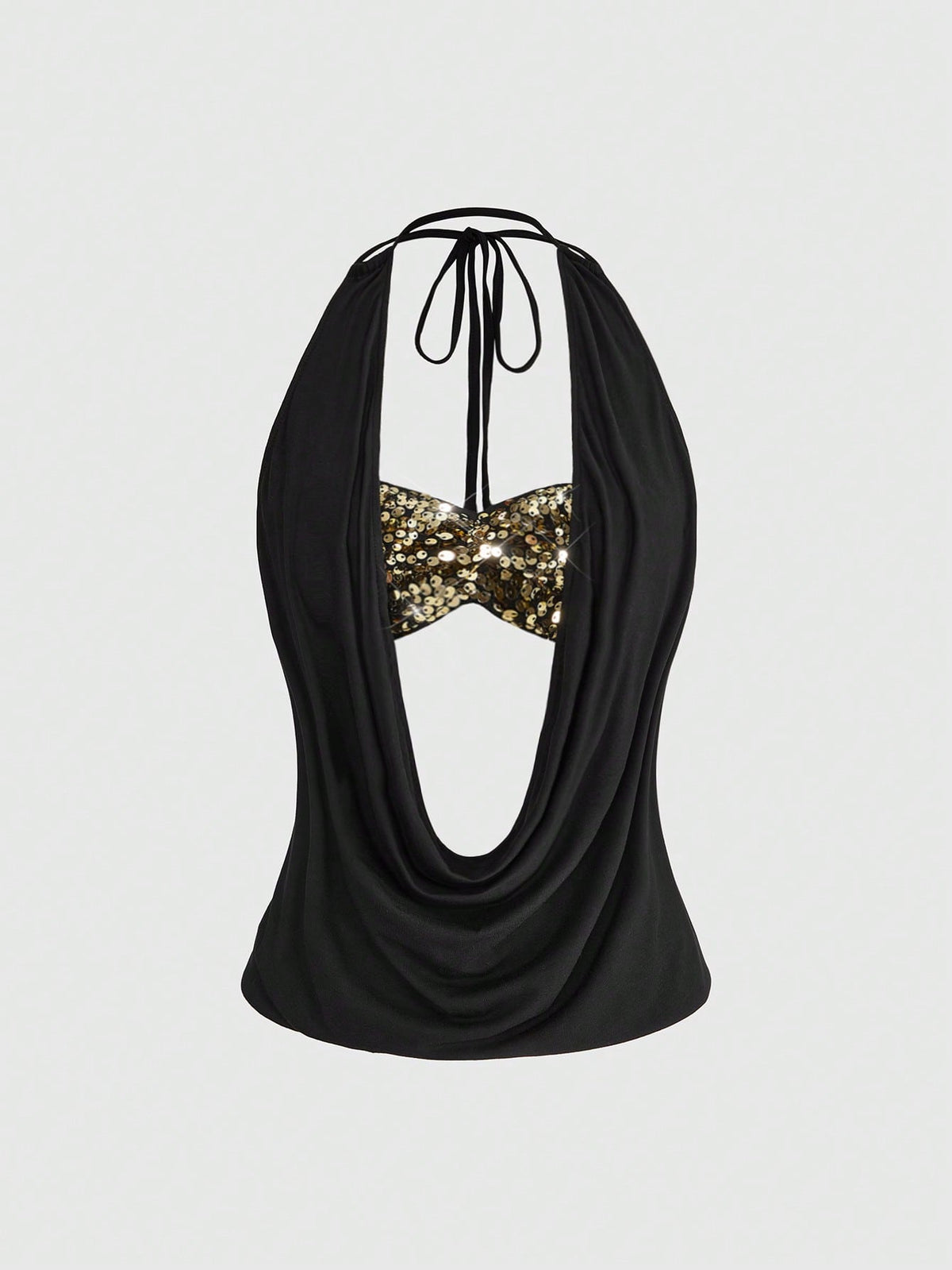 Women's black sequin halter tank top featuring a draped cowl neck and backless design