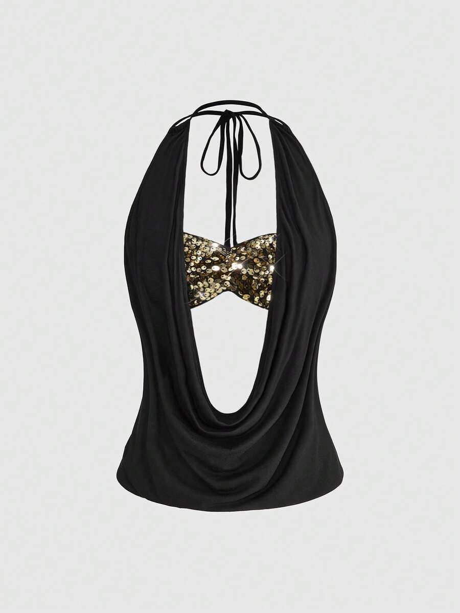 Women's black sequin halter tank top featuring a draped cowl neck and backless design