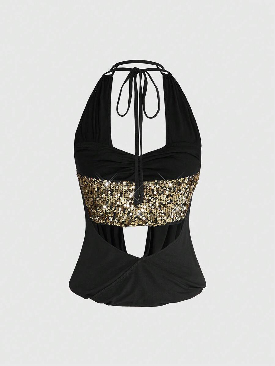 Women's black sequin halter tank top featuring a draped cowl neck and backless design