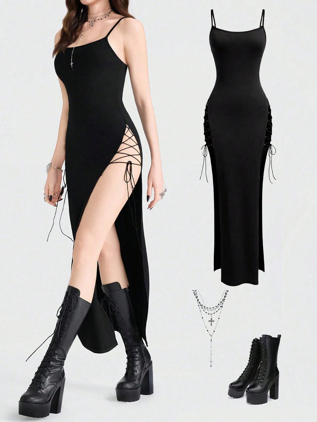 Women's black knitted cami midi dress with spaghetti straps, slim fit silhouette, and an asymmetrical zipper split thigh detail.