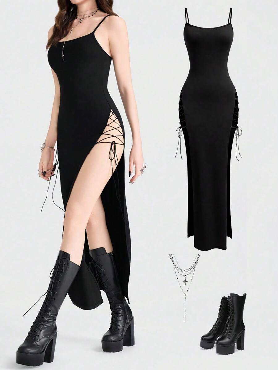 Women's black knitted cami midi dress with spaghetti straps, slim fit silhouette, and an asymmetrical zipper split thigh detail.
