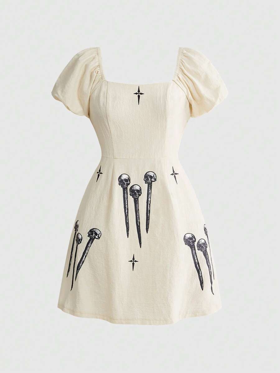 White Goth mini skater dress for women featuring dark skull graphic print, square neckline, short puff sleeves, and lace-up detail.