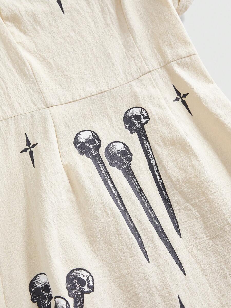 White Goth mini skater dress for women featuring dark skull graphic print, square neckline, short puff sleeves, and lace-up detail.