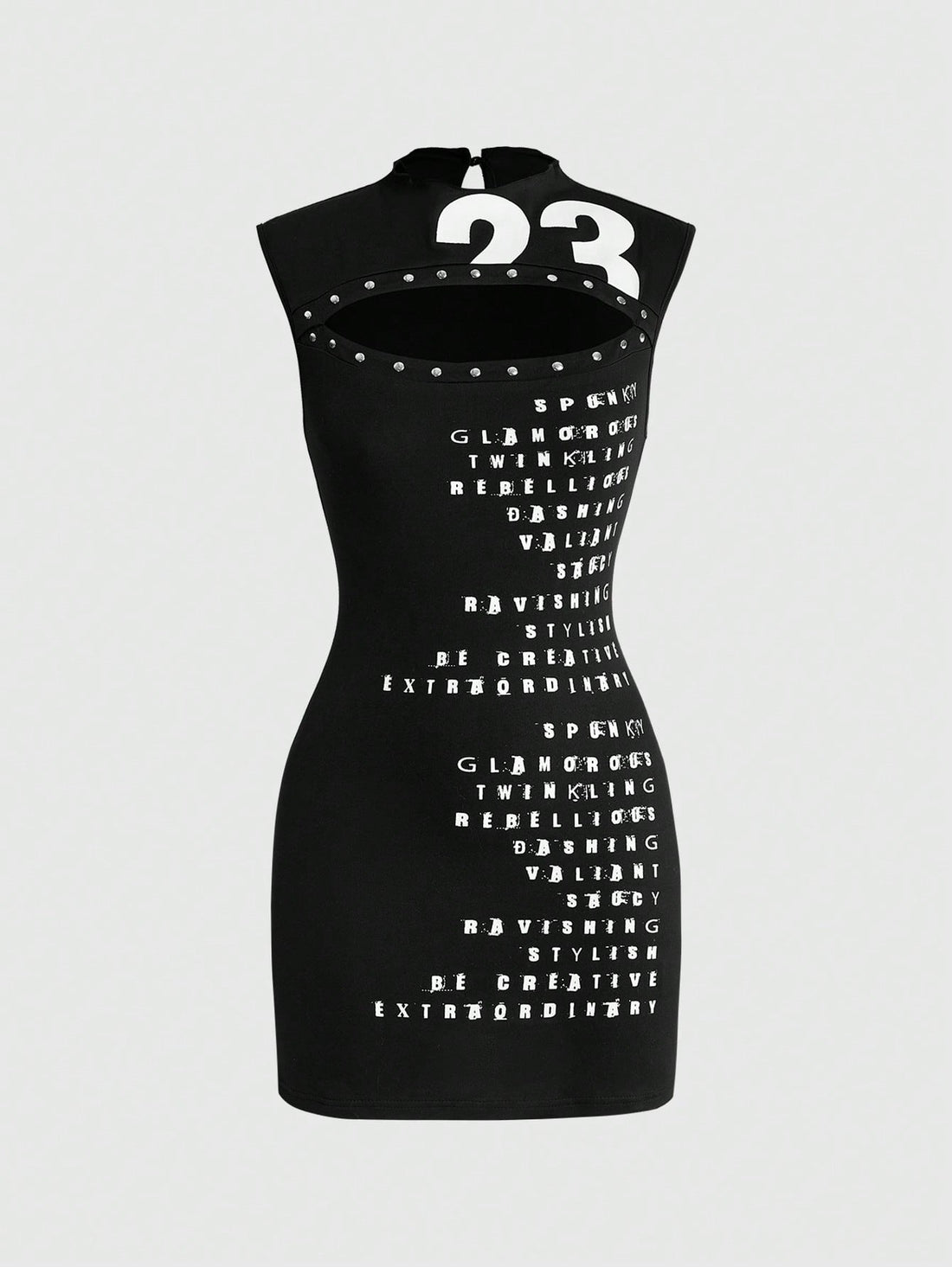 Black Y2K sleeveless bodycon mini dress for women with studded details, stand collar, and mid-waist pencil hem in knitted fabric.
