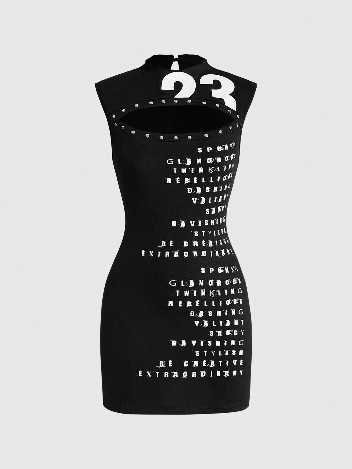 Black Y2K sleeveless bodycon mini dress for women with studded details, stand collar, and mid-waist pencil hem in knitted fabric.