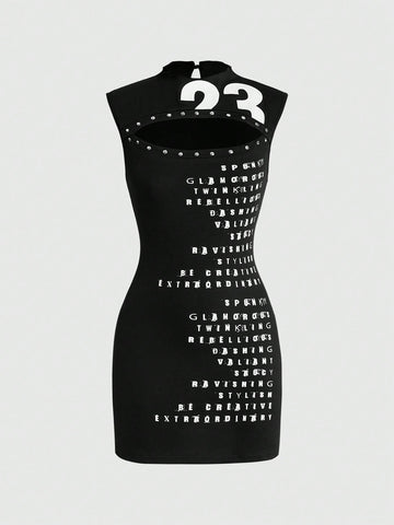 Black Y2K sleeveless bodycon mini dress for women with studded details, stand collar, and mid-waist pencil hem in knitted fabric.