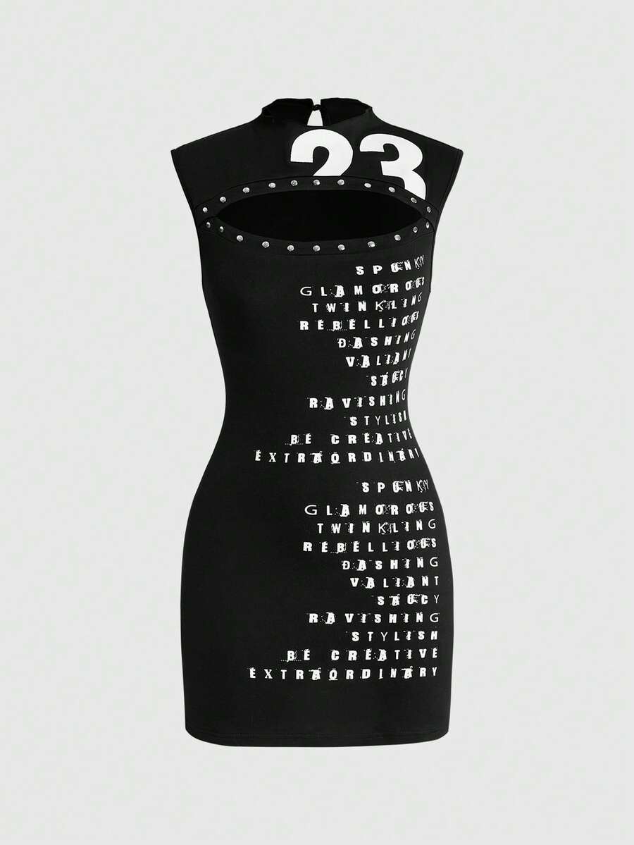 Black Y2K sleeveless bodycon mini dress for women with studded details, stand collar, and mid-waist pencil hem in knitted fabric.