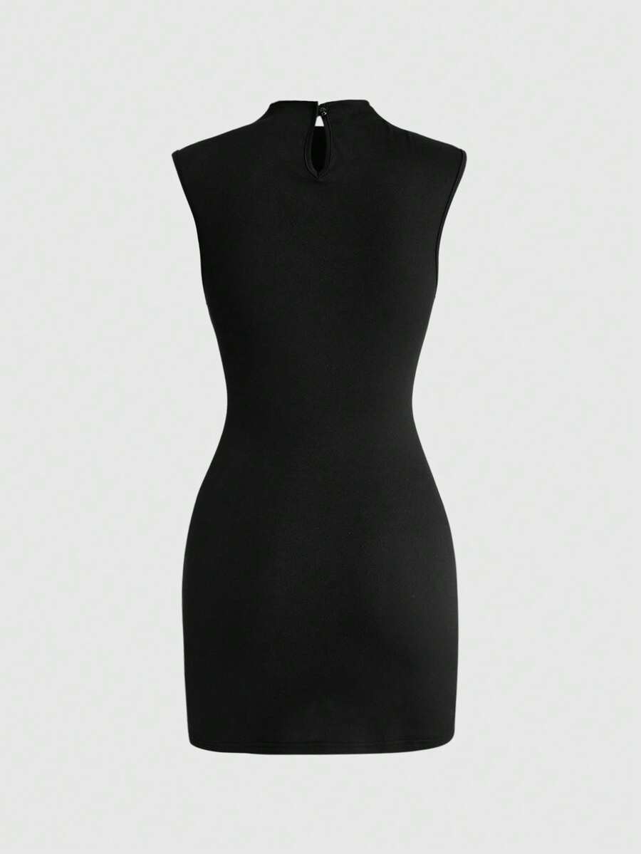 Black Y2K sleeveless bodycon mini dress for women with studded details, stand collar, and mid-waist pencil hem in knitted fabric.