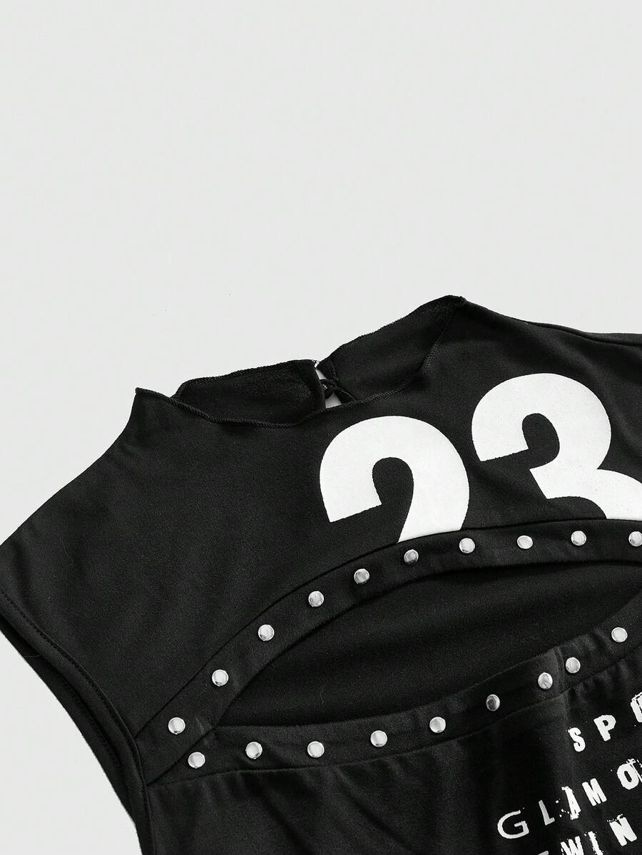 Black Y2K sleeveless bodycon mini dress for women with studded details, stand collar, and mid-waist pencil hem in knitted fabric.