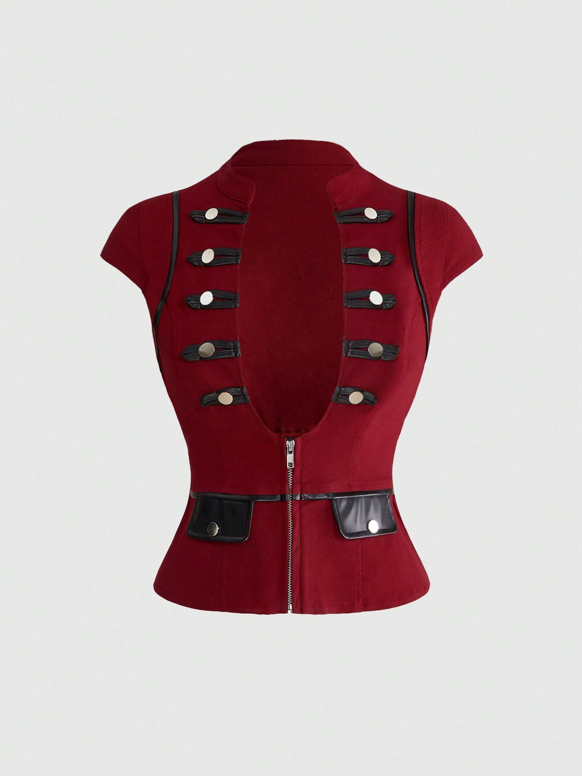 Women's black deep V-neck top featuring cap sleeves, cut-out lace-up details, zipper closure, and regular fit woven fabric.