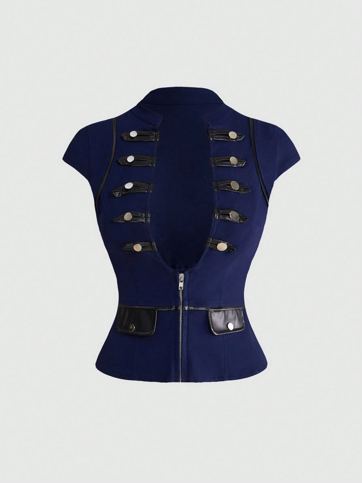 Women's black deep V-neck top featuring cap sleeves, cut-out lace-up details, zipper closure, and regular fit woven fabric.