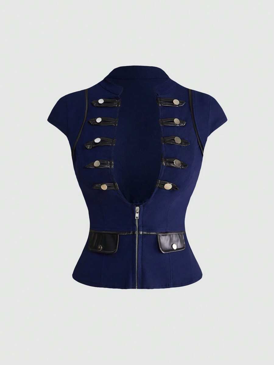 Women's black deep V-neck top featuring cap sleeves, cut-out lace-up details, zipper closure, and regular fit woven fabric.