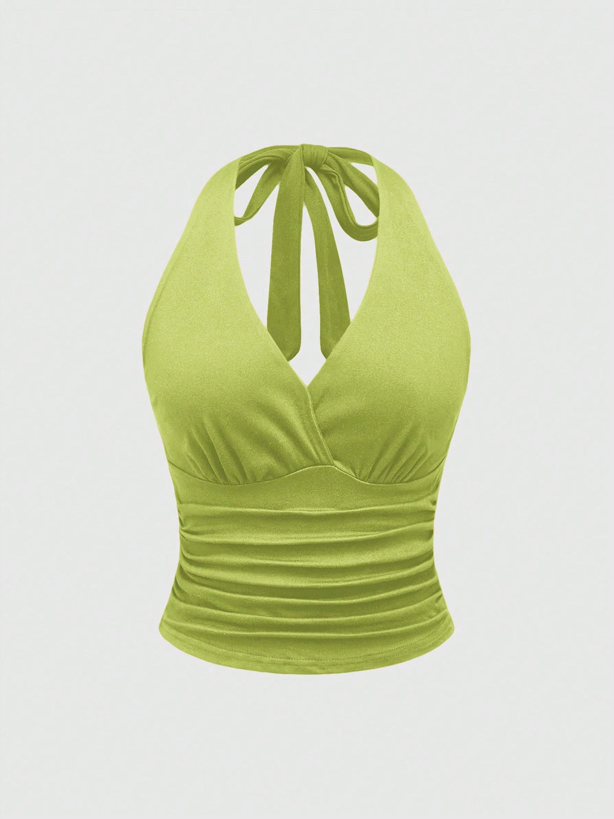 Women's halter crop tank top featuring a backless silhouette and ruched detailing in a slim fit design.