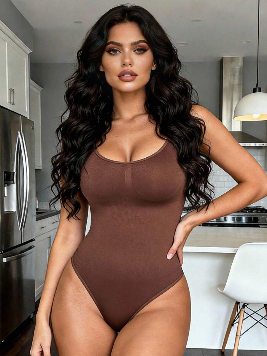 Brown seamless shapewear bodysuit featuring backless design, thong bottom, non-removable padding, and high-stretch fabric for tummy and waist control.