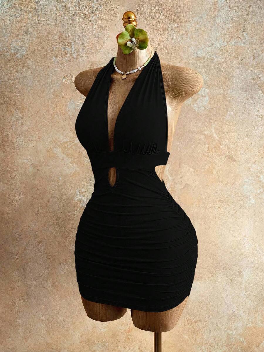 Sleeveless women's halter backless bodycon mini dress featuring lace-up knot back details and a high-waist pencil hem.