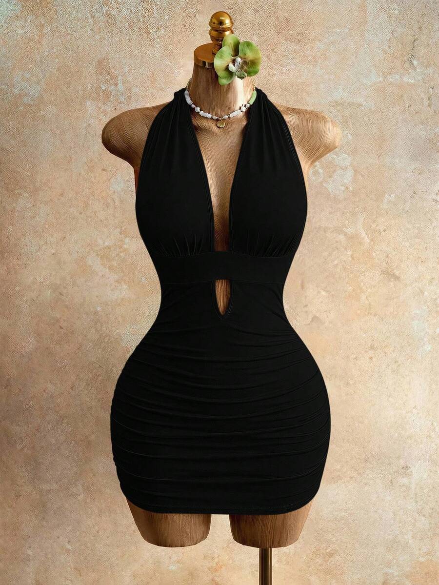 Sleeveless women's halter backless bodycon mini dress featuring lace-up knot back details and a high-waist pencil hem.